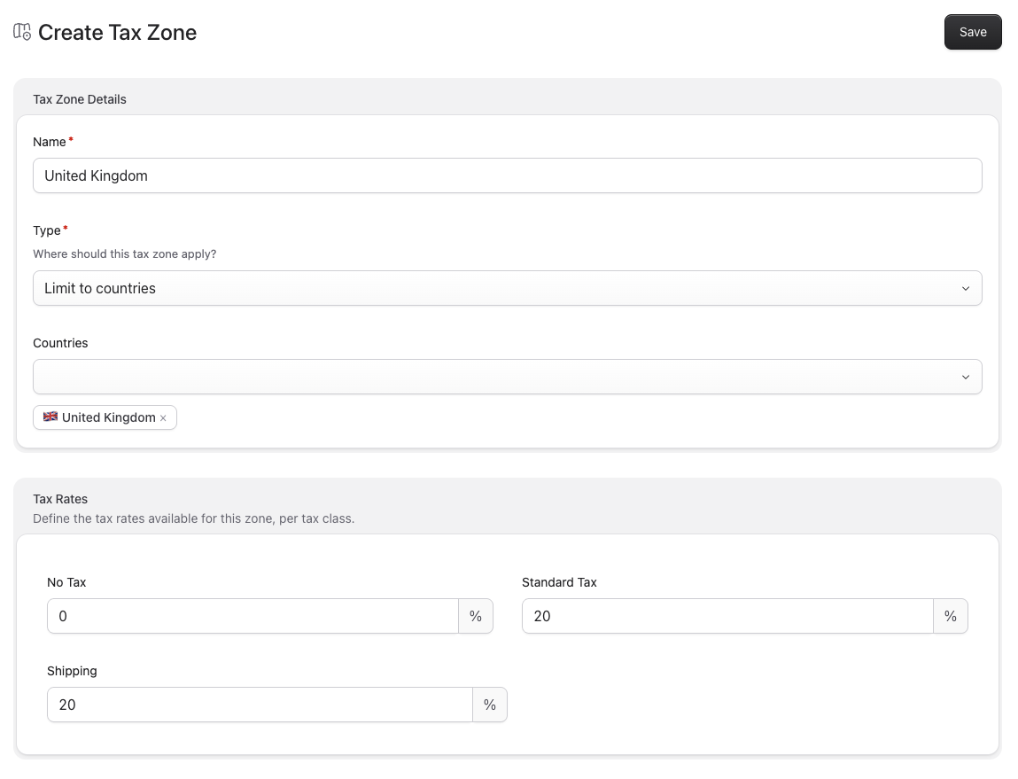 Screenshot of create tax zone page
