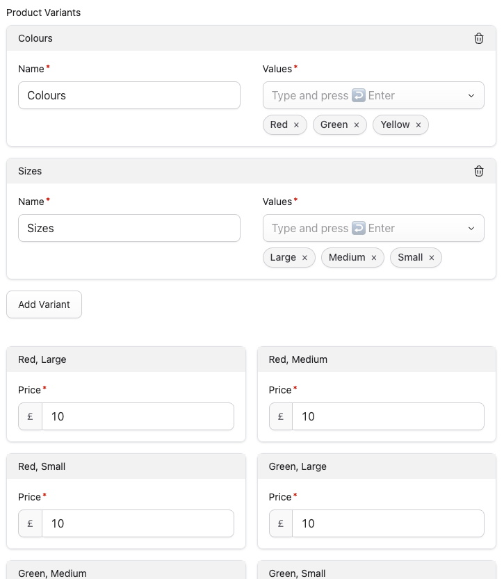 Screenshot of the product variants fieldtype in the Control Panel