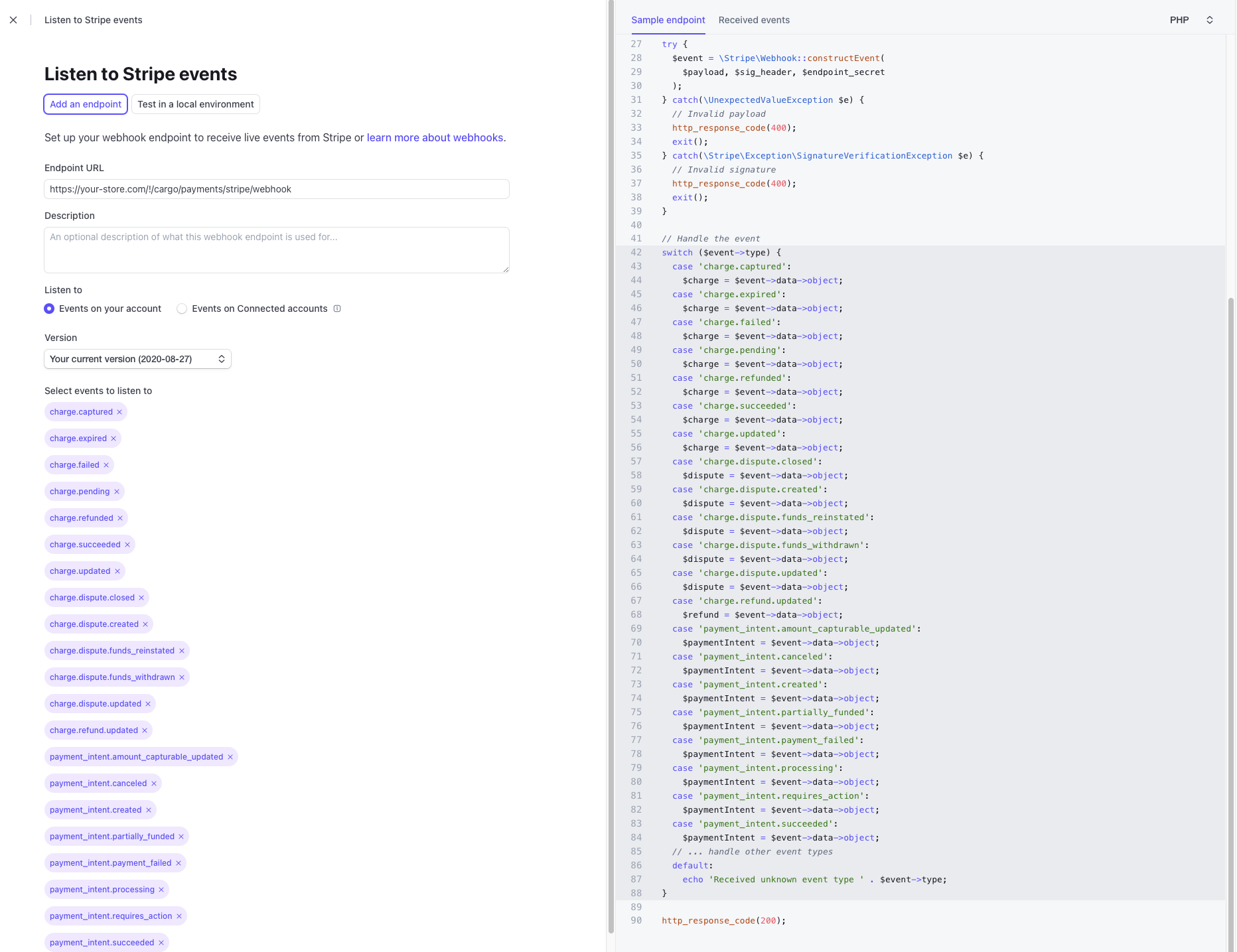 Screenshot of setting up a webhook in the Stripe dashboard